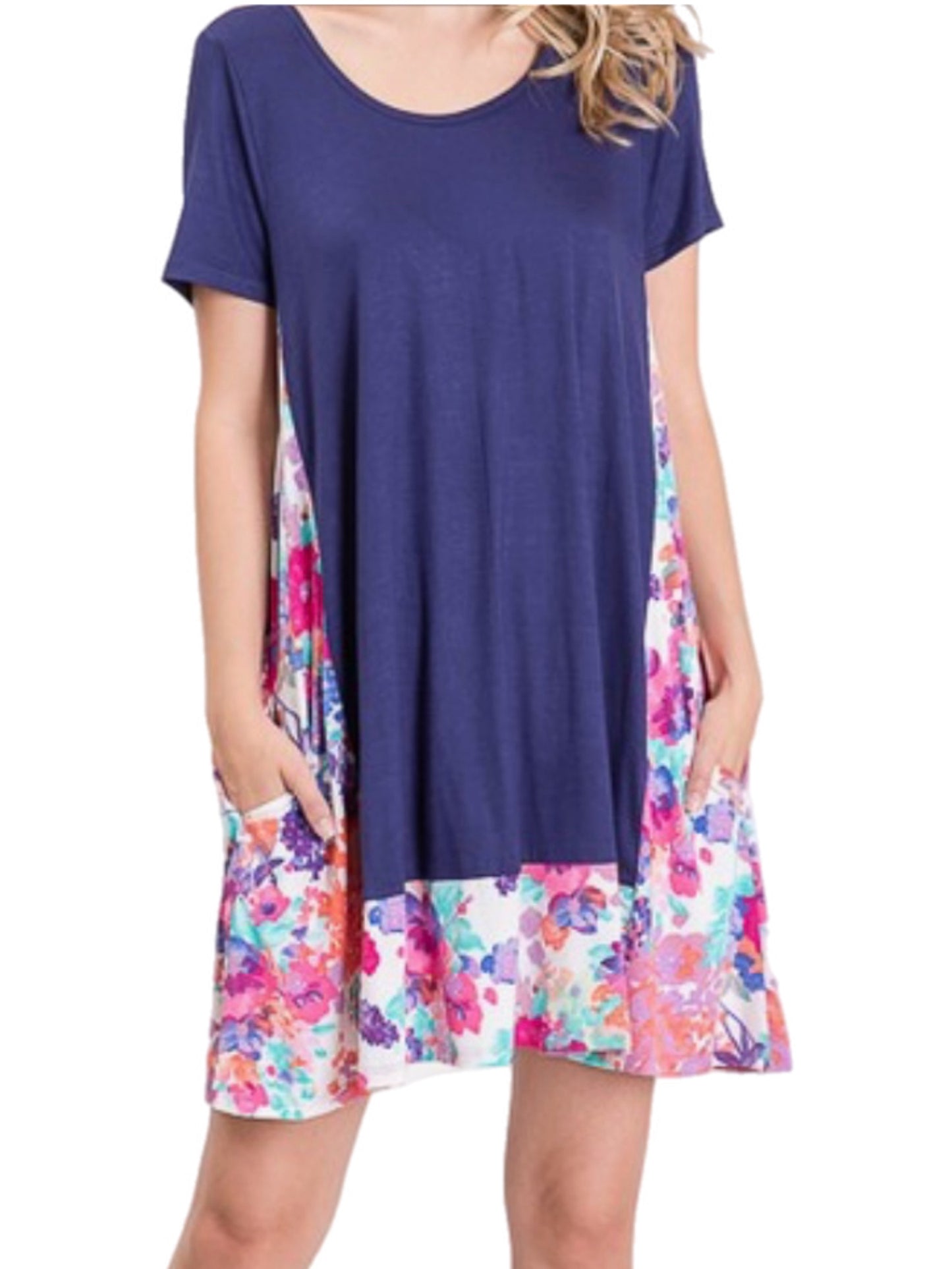 Navy Dress w/ Floral Border Detail