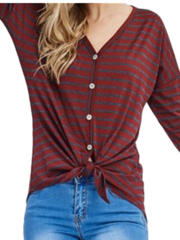 Burgundy & Black Striped Top w/ Button Detail & Front Knot