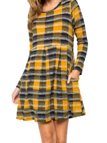 Navy & Yellow Plaid Baby Doll Dress w/ Pleated Skirt & Pockets