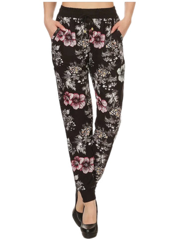 Black Floral Joggers w/ Drawstring Waist and Pockets