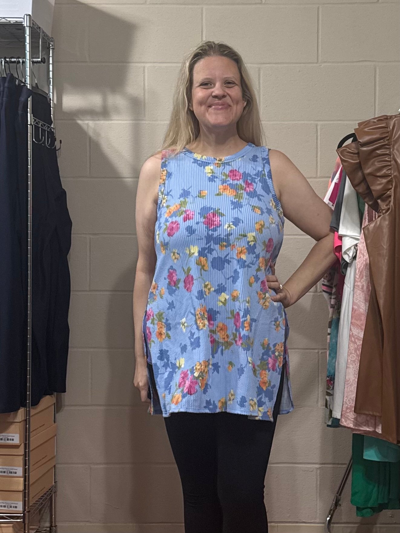 Blue Floral Ribbed Tank w/ Side Slits