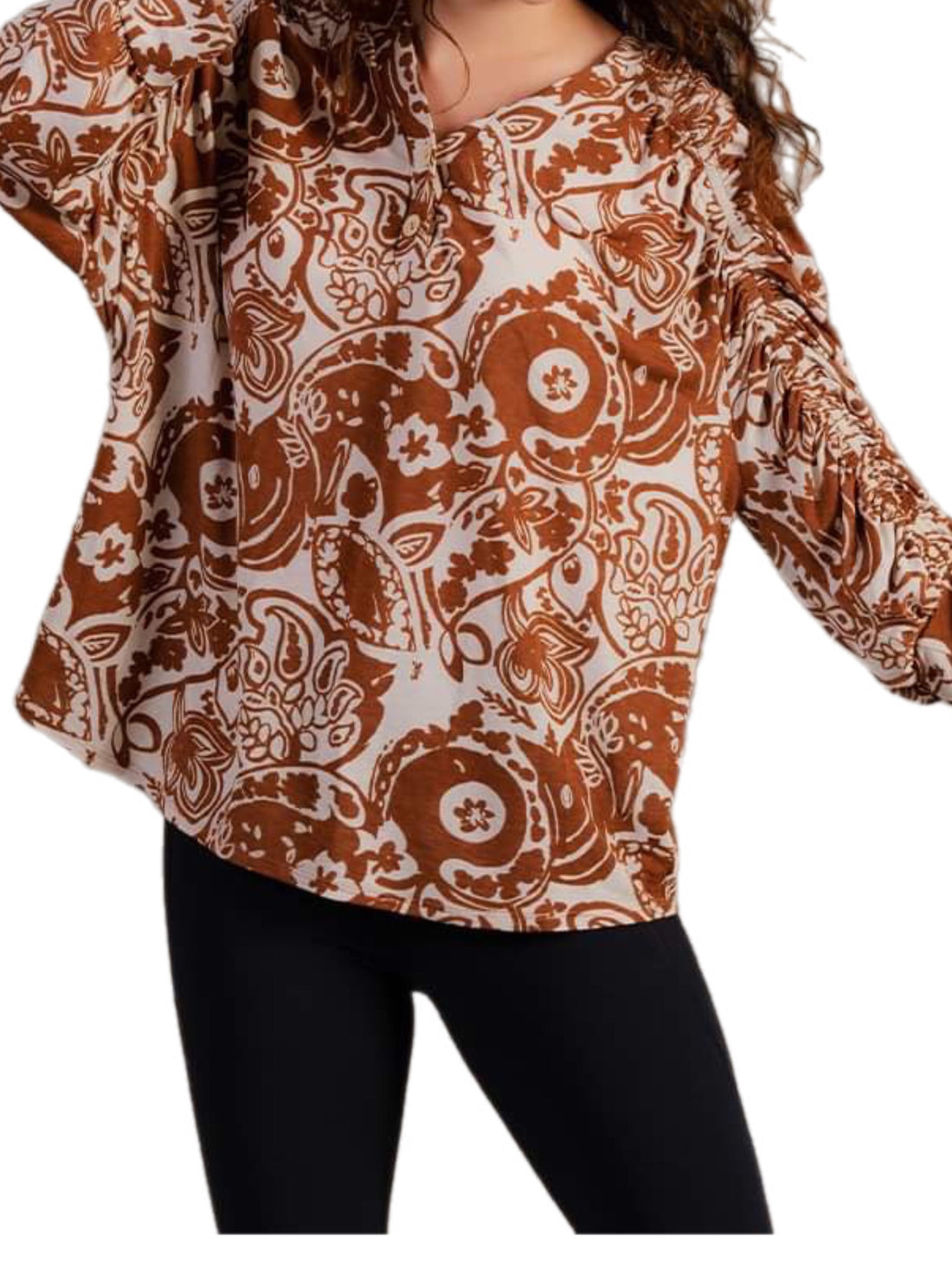 Brown & White Paisley Shirt w/ Ruched Sleeves