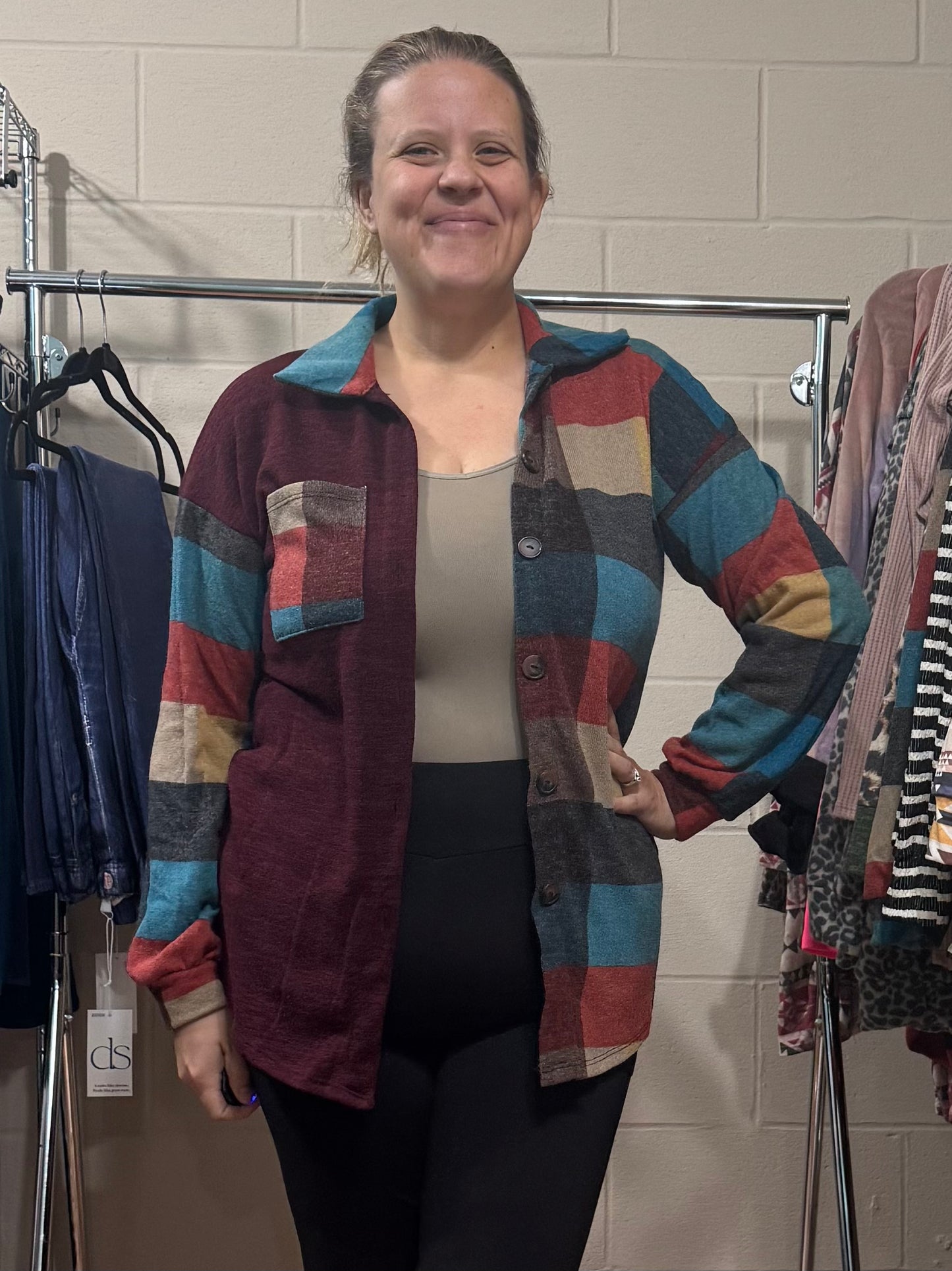 Burgundy & Teal Checkered Button Top