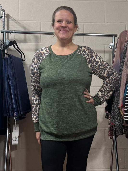 Olive Green Top w/ Cheetah Sleeves