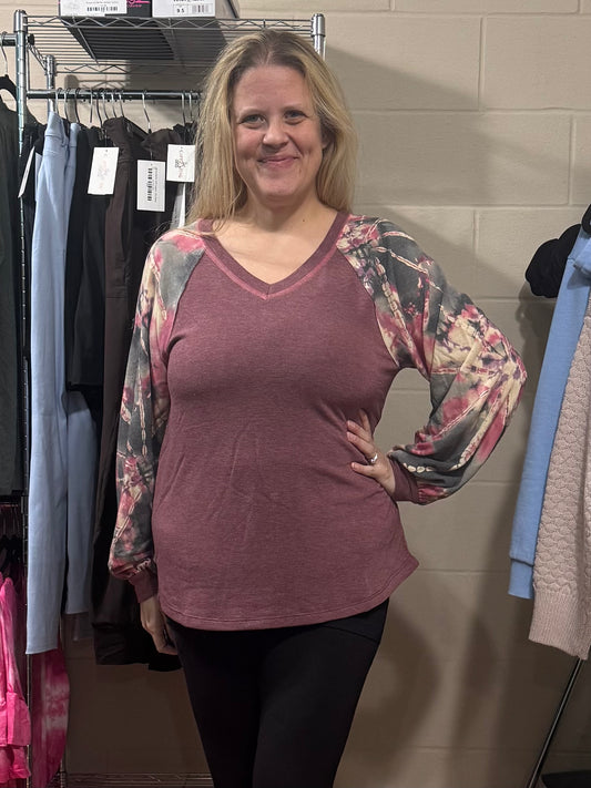 Burgundy Top w/ Tie Dye Sleeves