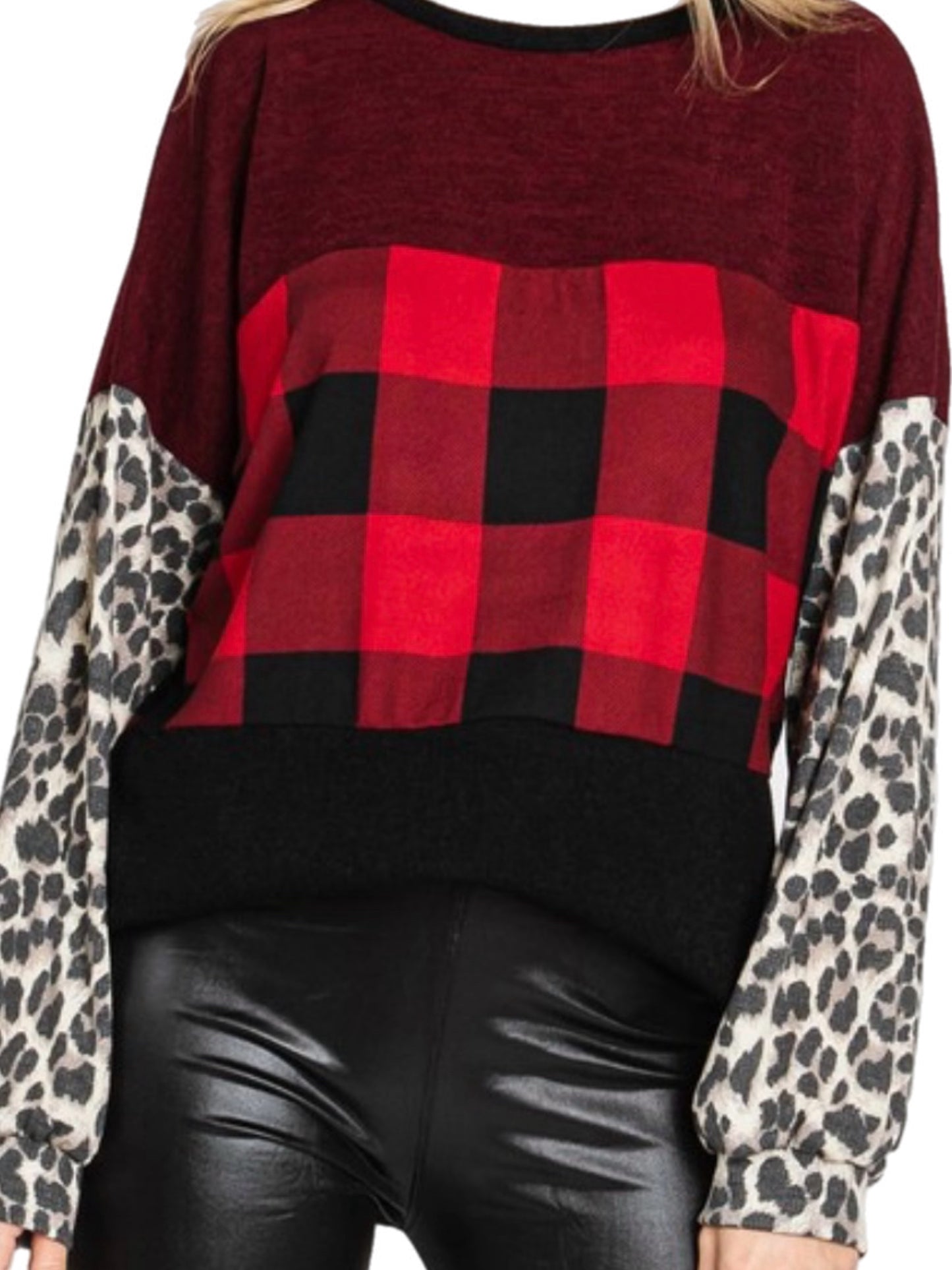 Red Plaid Color Block Knit Top
