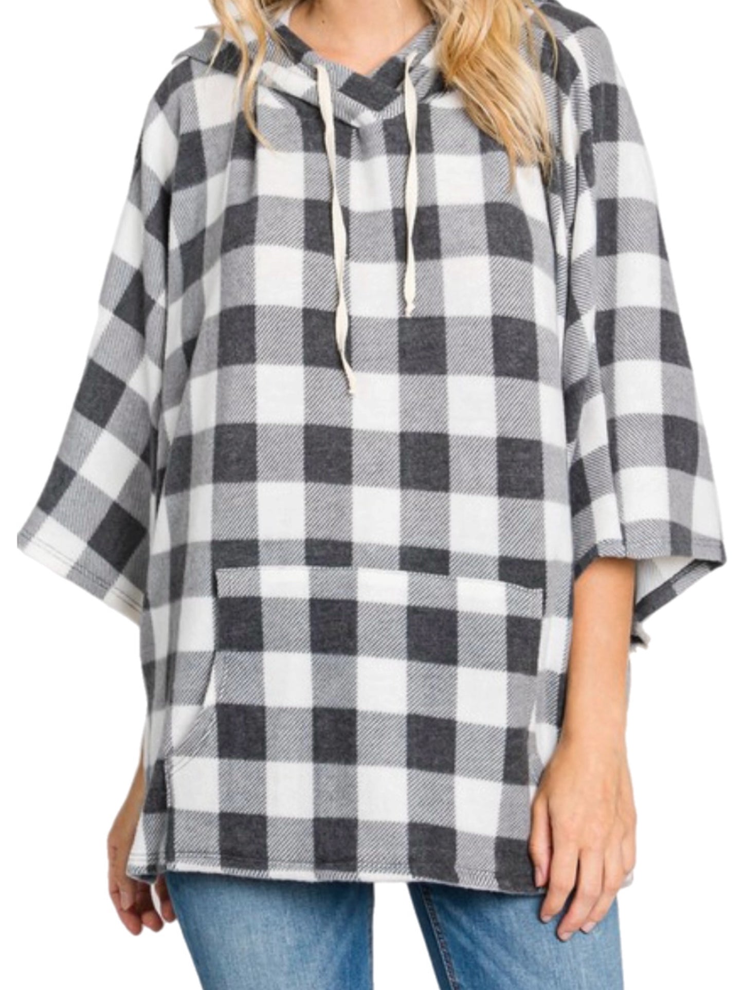 White Plaid Soft Hooded Pullover Poncho