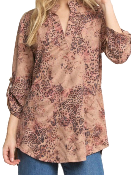 Beige Cheetah Floral 3/4 Sleeve Top