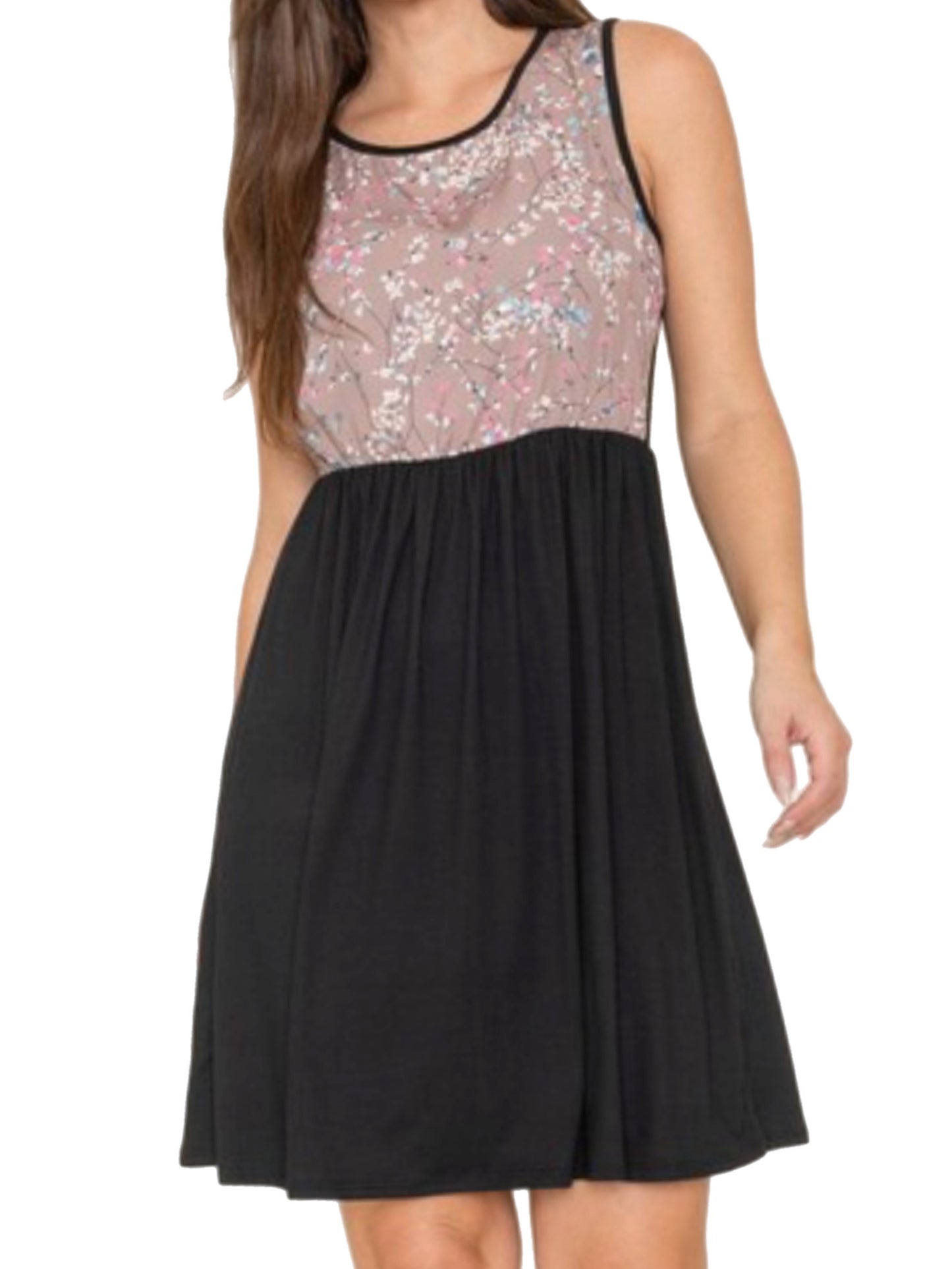 Brown Floral Sleeveless Dress w/ Black Skirt