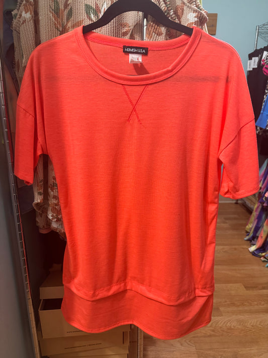 Neon Coral Tee with Layered Hem