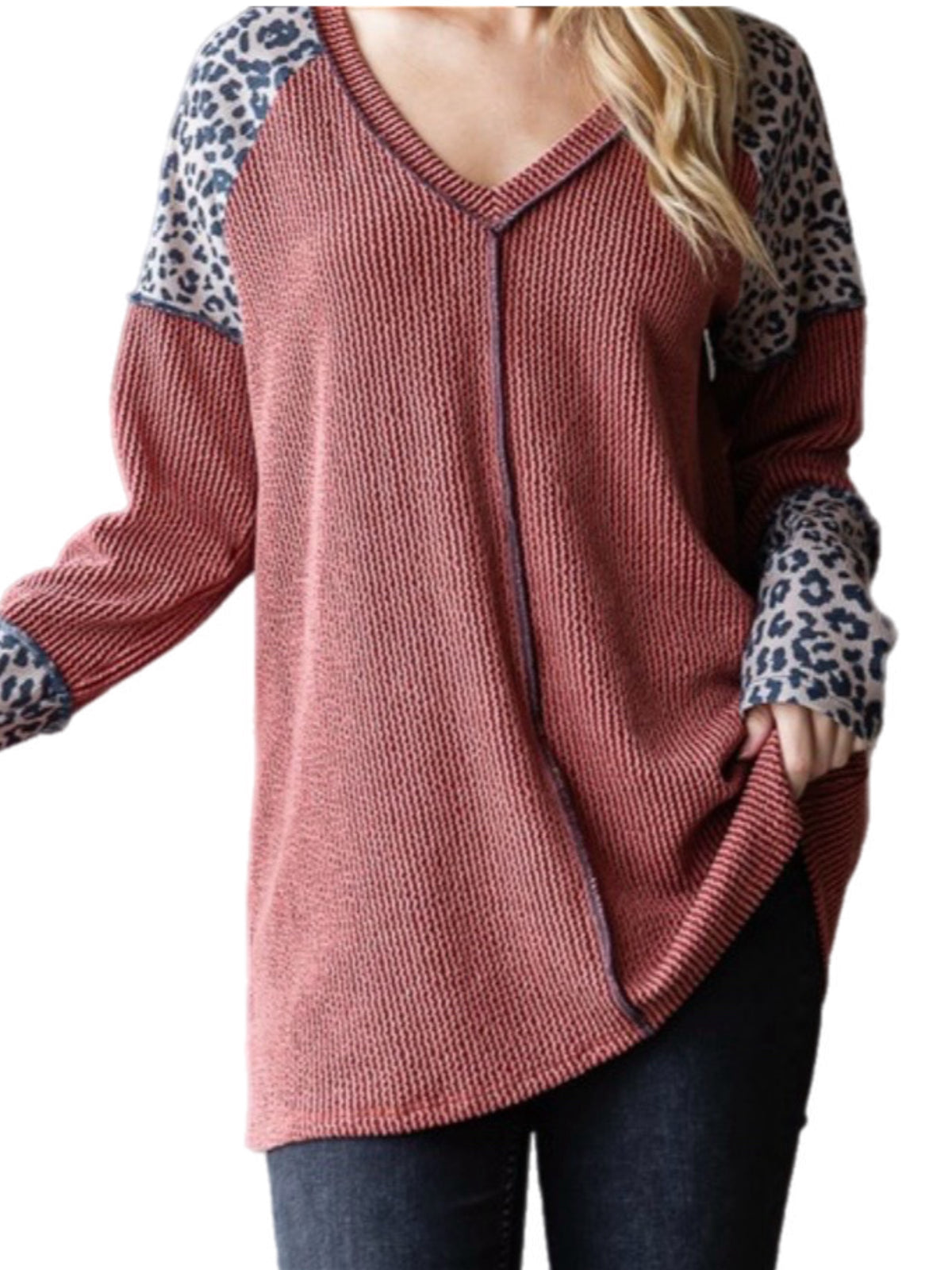 Rust Ribbed Top w/ Cheetah Sleeves