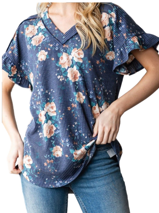 Navy Ribbed Floral Top w/ Flutter Sleeves