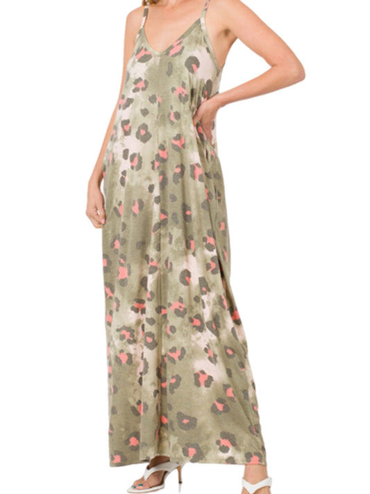 Olive Leopard Maxi Dress with Pockets