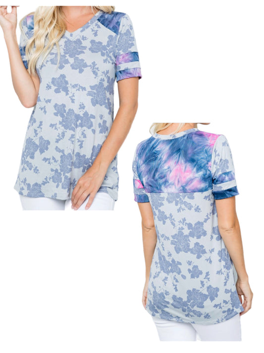 Blue Floral Top w/ Tie Dye Detail