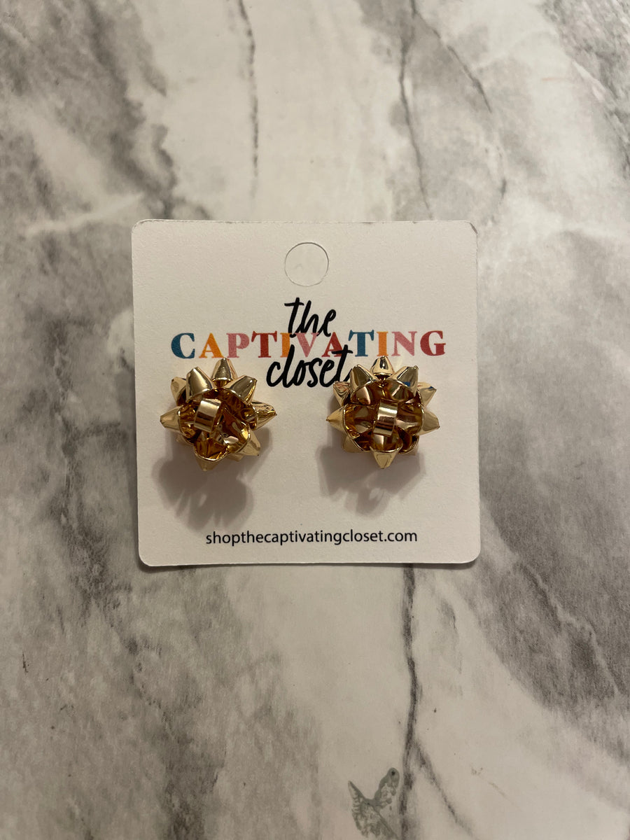 Gold Gift Bow Stud