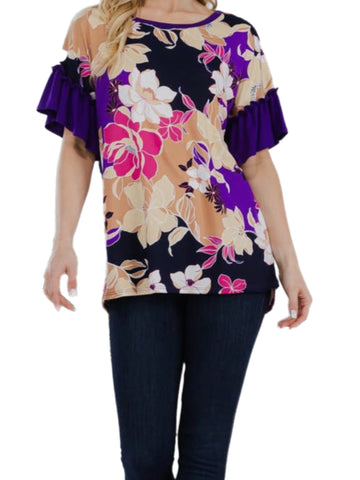 Purple and Navy Bold Floral Top w/ Flutter Sleeve
