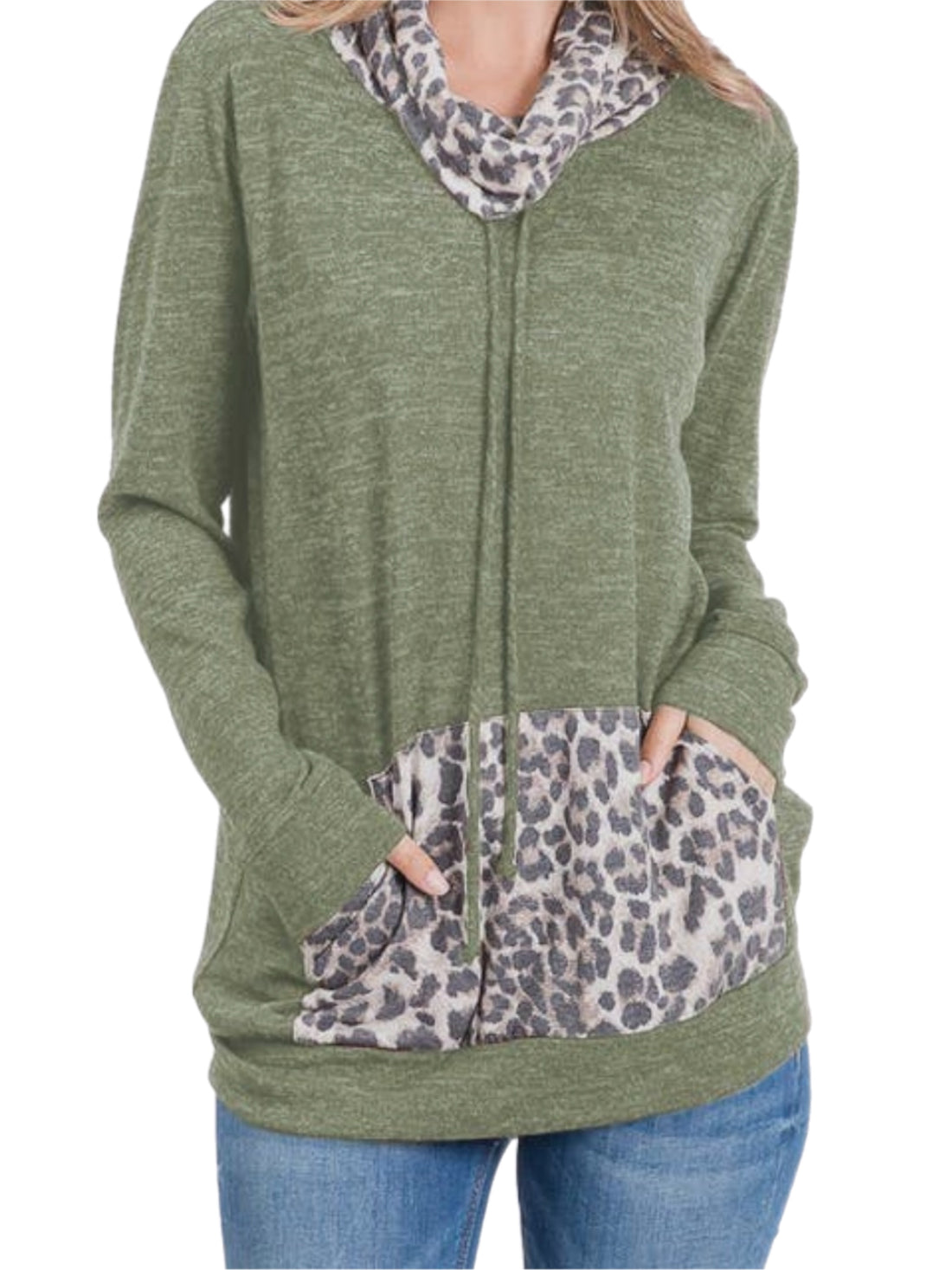 Olive Cowl Neck Sweater w/ Cheetah Pocket
