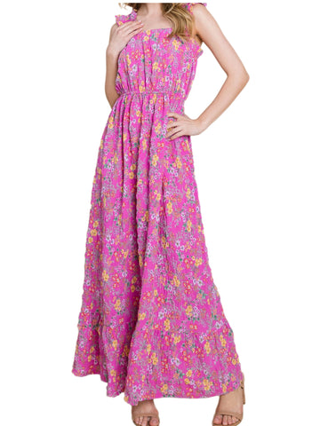 Pink Floral Maxi Dress w/ Ruffle Shoulder Straps