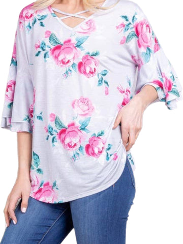 Gray & Pink Floral Top w/ Flutter Sleeves