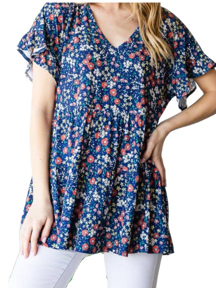 Blue Floral Baby Doll Top