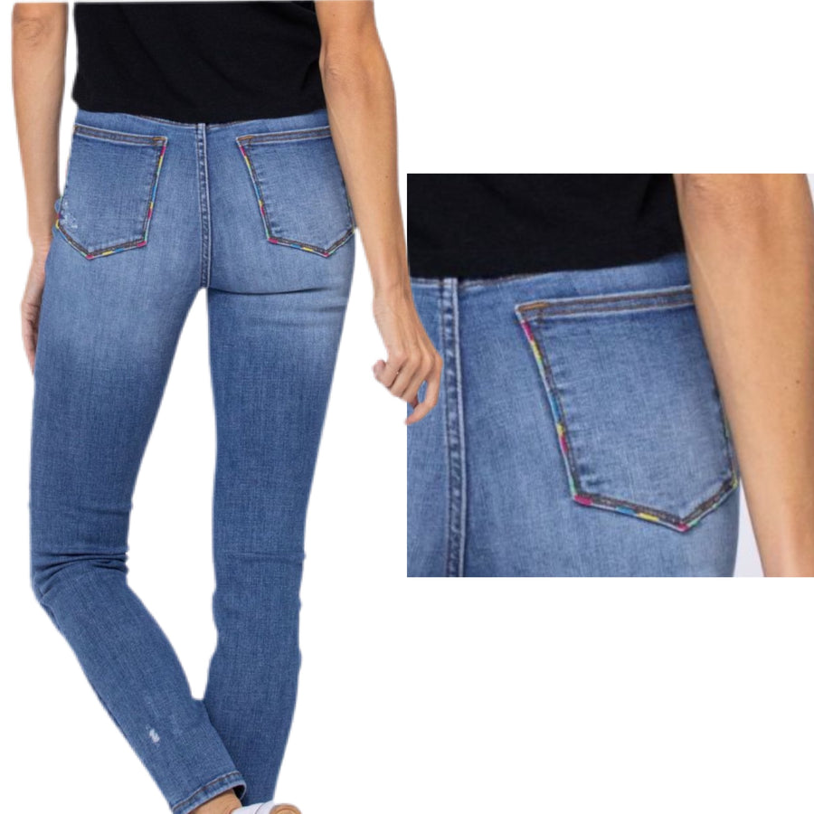 High-Waisted Multicolor Embroidery Pocket Skinny Jeans