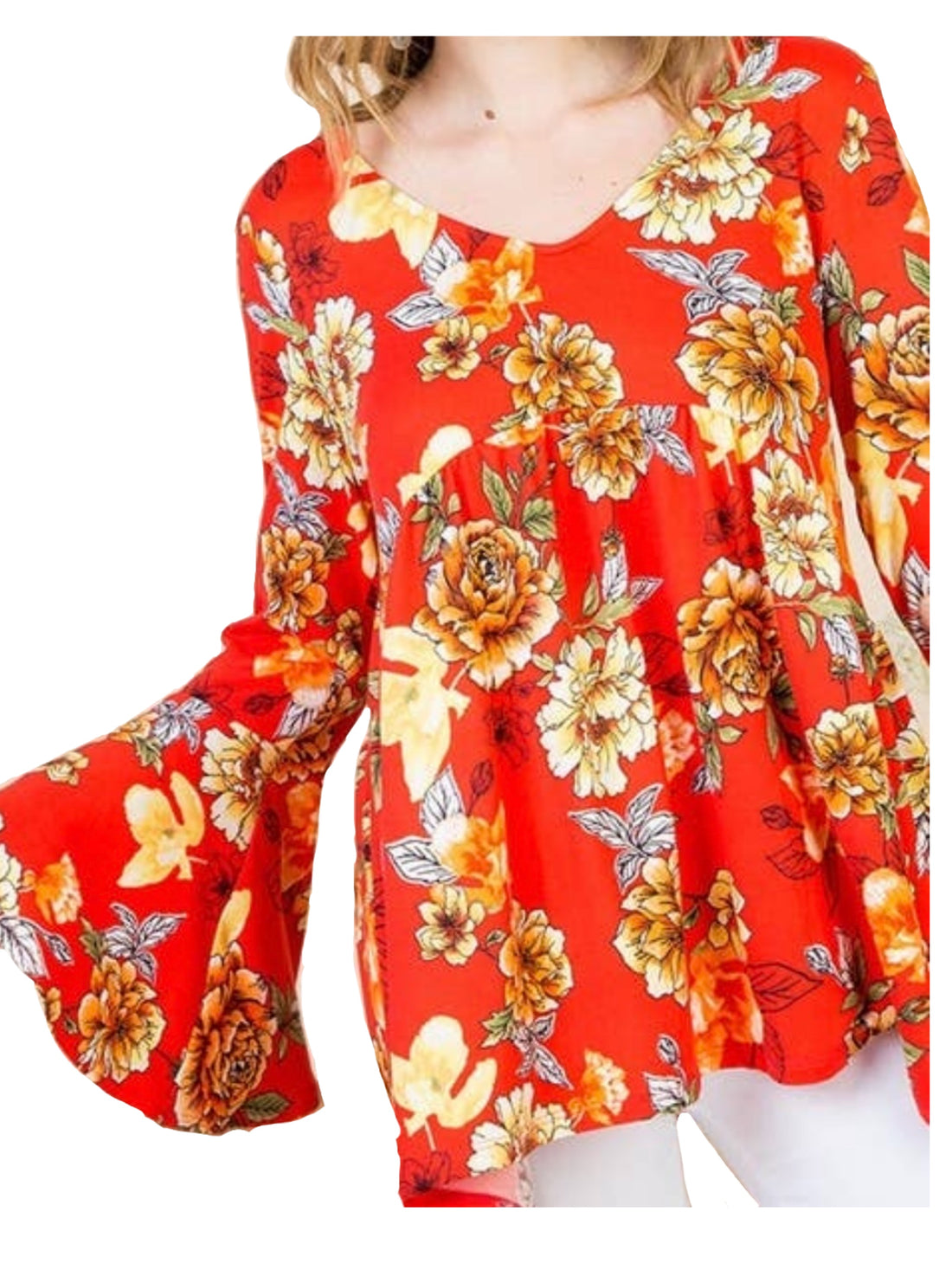 Red-Orange Floral Baby Doll Top w/ Bell Sleeves