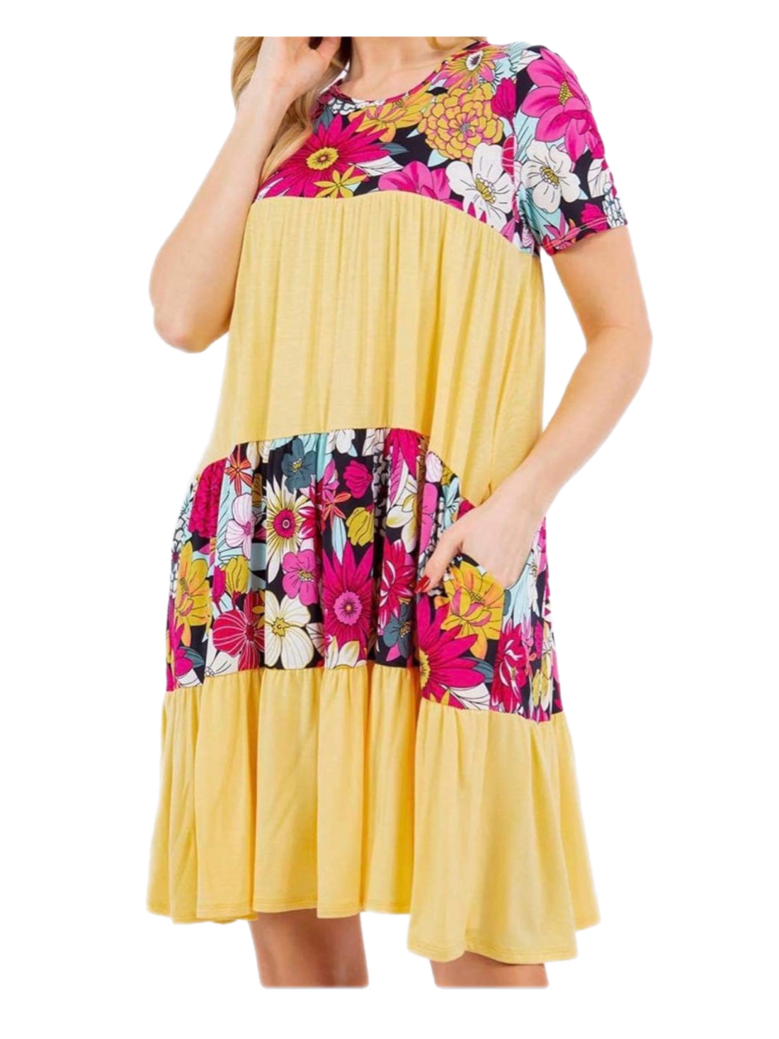 Yellow & Pink Floral Tiered Dress