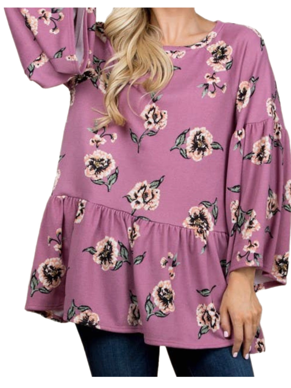 Mauve Floral Baby Doll Top w/ Bell Sleeves