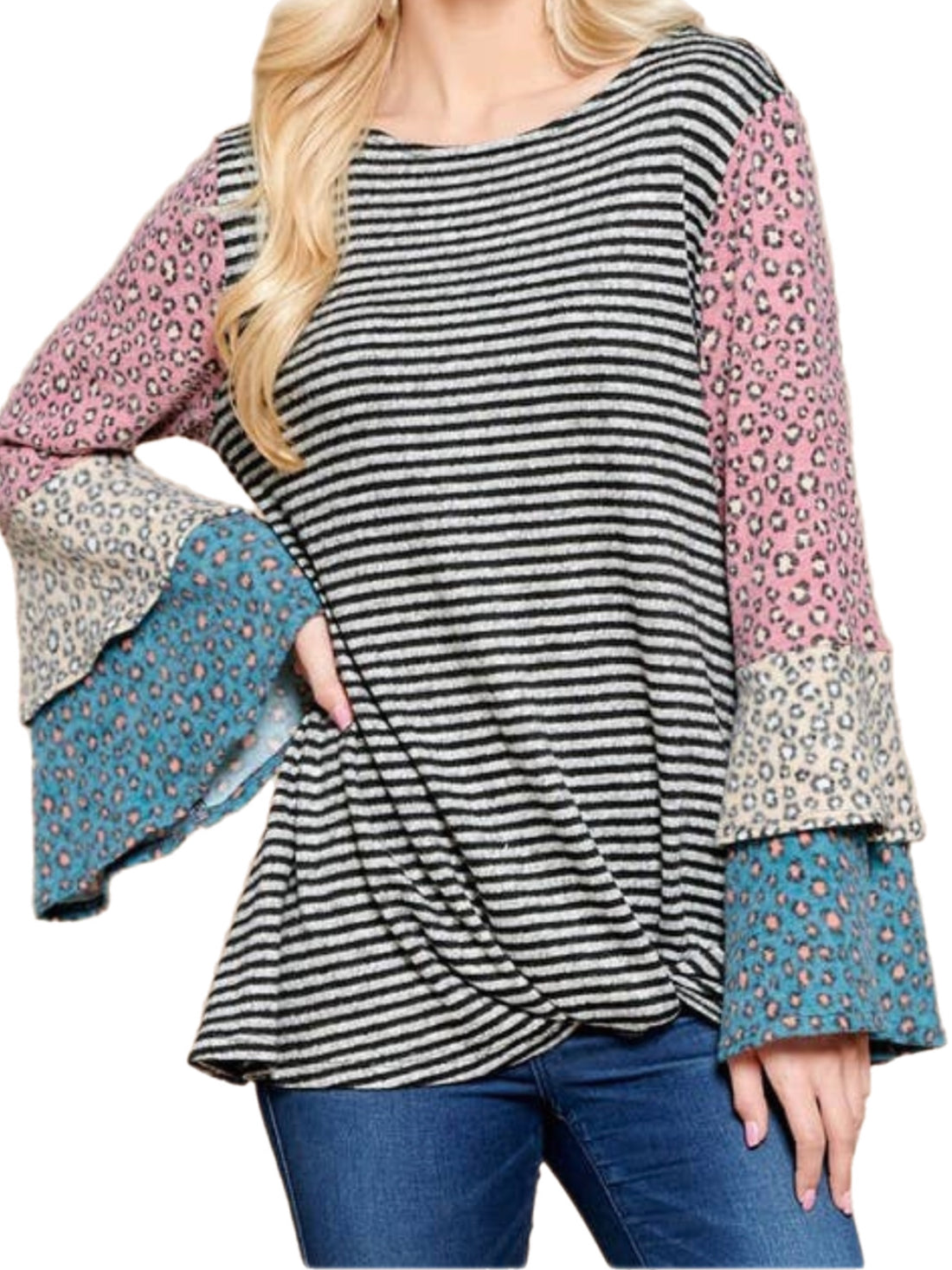 Gray Striped Top w/ Tiered Cheetah Sleeves